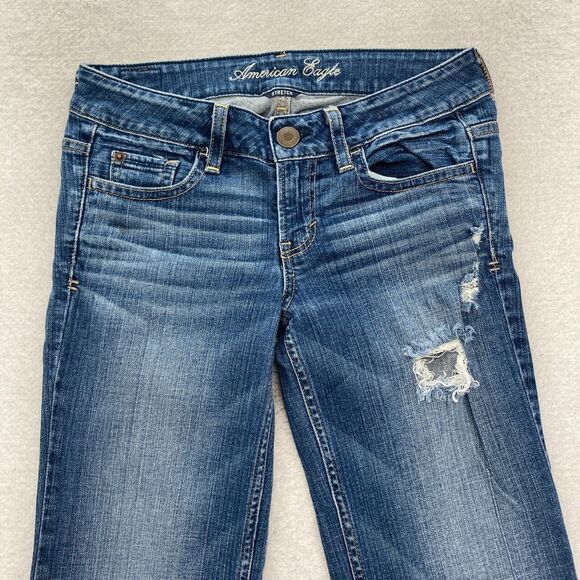 American‎ Eagle Jeans Women's 28 Hipster Flared Leg Blue Denim Distressed Y2K - Picture 2 of 15